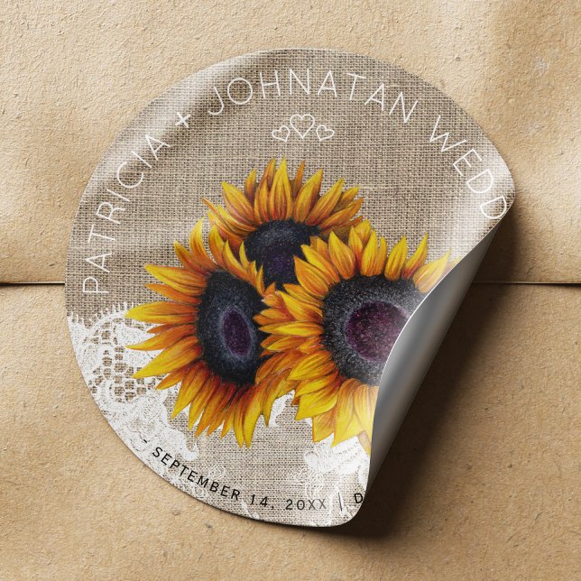 Sunflowers bouquet rustic burlap lace wedding classic round sticker (Creator Uploaded)