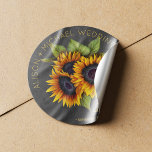 Sunflowers bouquet rustic chalkboard wedding classic round sticker<br><div class="desc">Editable text favour sticker featuring a rustic big beautiful sunflowers bouquet on a dark grey charcoal chalkboard background. Ideal for your summer or autumn fall | elegant rustic country | outdoor backyard themed wedding. Personalise it with bride's and groom's names and wedding details!</div>