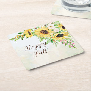 Sunflowers bouquet with customisable text square paper coaster