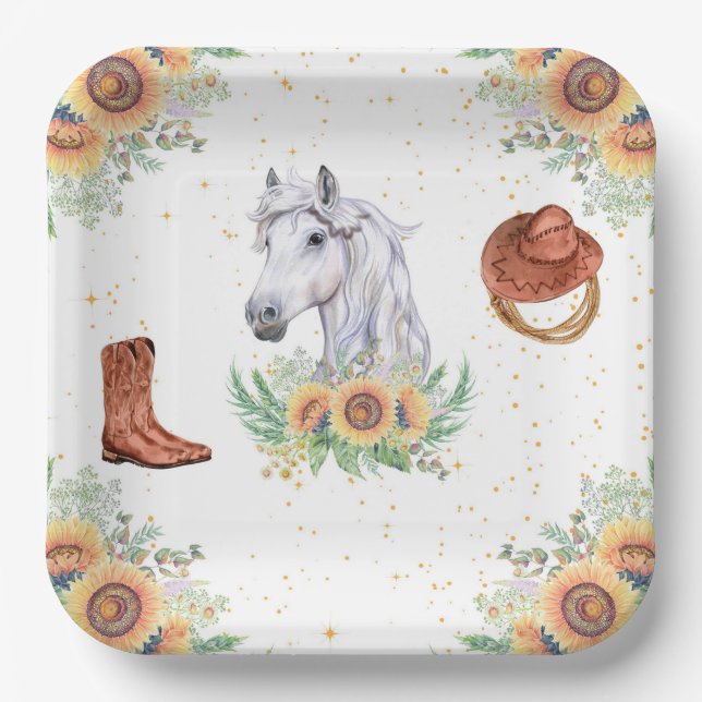 Sunflowers Boy Horse Birthday Party Paper Plate (Front)