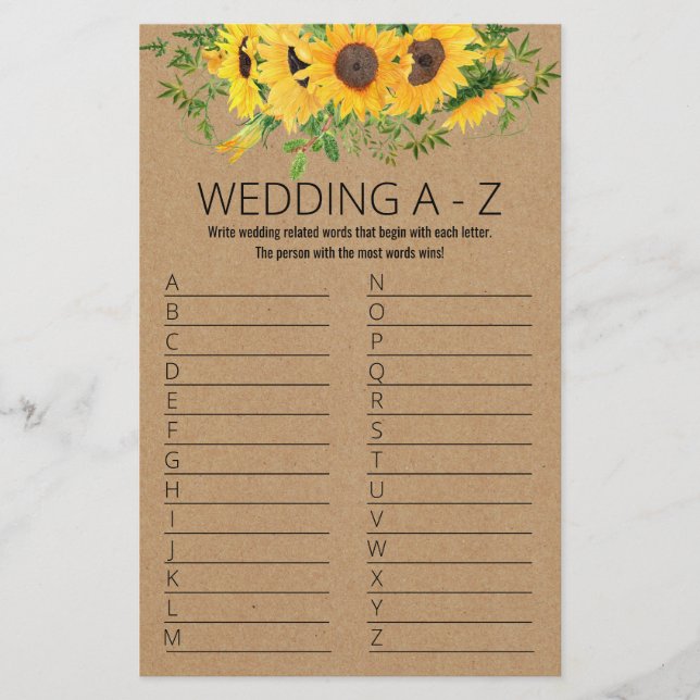 Sunflowers Bridal Shower Game A to Z Card (Front)