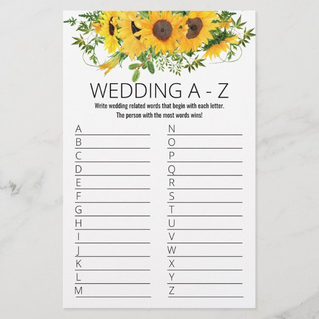 Sunflowers Bridal Shower Game A to Z Card (Front)