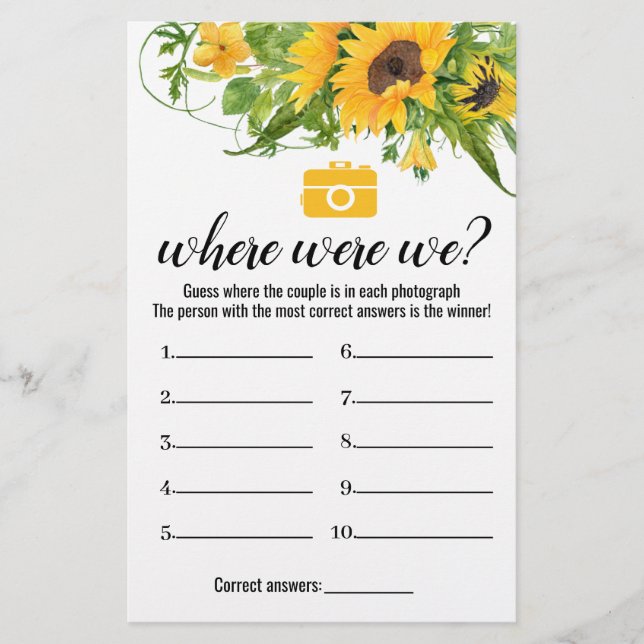 Sunflowers Bridal Shower Game Where Were We Card (Front)