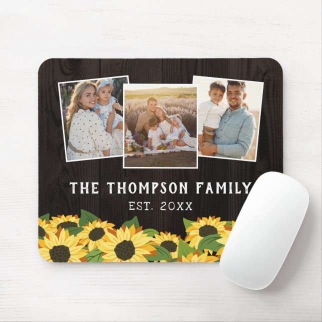 Sunflowers & Brown Wood Family Photo Collage Mouse Mat (With Mouse)