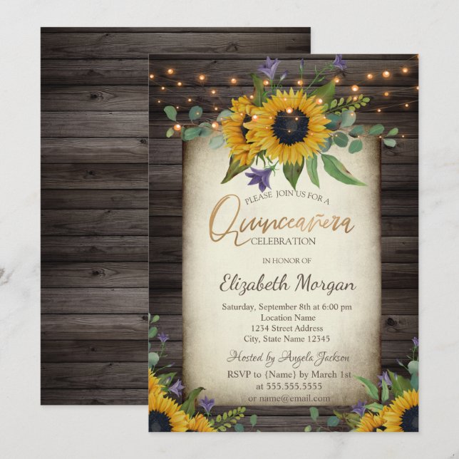  Sunflowers Brown Wood Quinceañera Birthday Invitation (Front/Back)