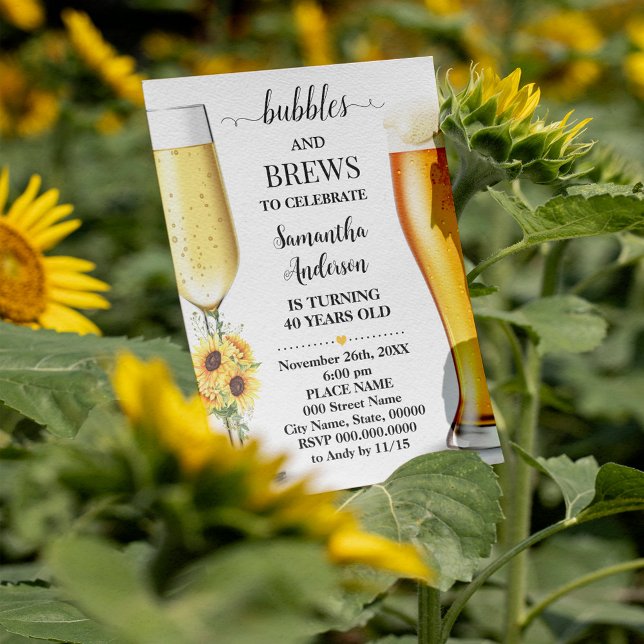 Sunflowers Bubbles and Brews Birthday Party Invitation (Creator Uploaded)