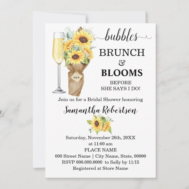 Sunflowers Bubbles Brunch & Blooms Bridal Shower Invitation (Front)