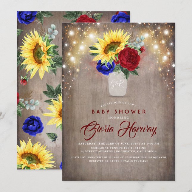Sunflowers - Burgundy and Navy Blue Baby Shower Invitation (Front/Back)