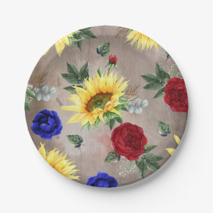 Sunflowers - Burgundy and Navy Blue Fall Rustic Paper Plate