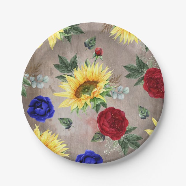 Sunflowers - Burgundy and Navy Blue Fall Rustic Paper Plate (Front)
