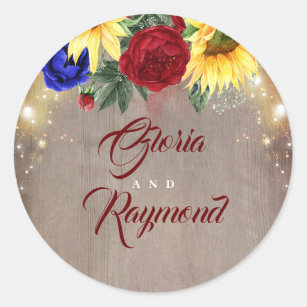 Sunflowers Burgundy and Navy Blue Flowers Rustic Classic Round Sticker
