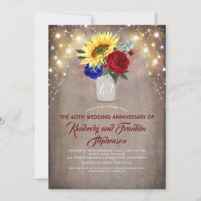 Sunflowers Burgundy and Navy Wedding Anniversary Invitation (Front)