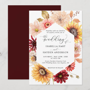 Sunflowers & Burgundy Fall Wild Floral Wedding Invitation