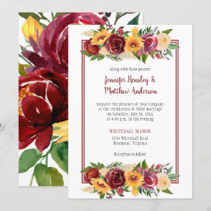 Sunflowers & Burgundy Floral Drop Burgundy Frame Invitation