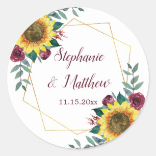 Sunflowers Burgundy Floral Geometric Wedding Classic Round Sticker