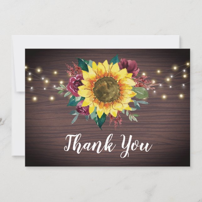 Sunflowers Burgundy Floral Lights Wood Wedding Thank You Card (Front)