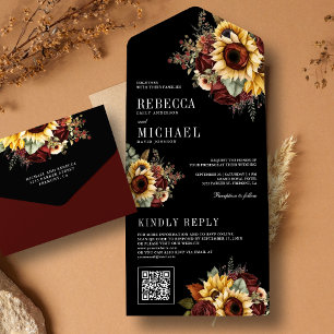 Sunflowers Burgundy Floral QR Code Black Wedding All In One Invitation