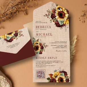 Sunflowers Burgundy Floral QR Code Burlap Wedding All In One Invitation