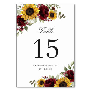 Sunflowers Burgundy Floral Red Rustic Table Number