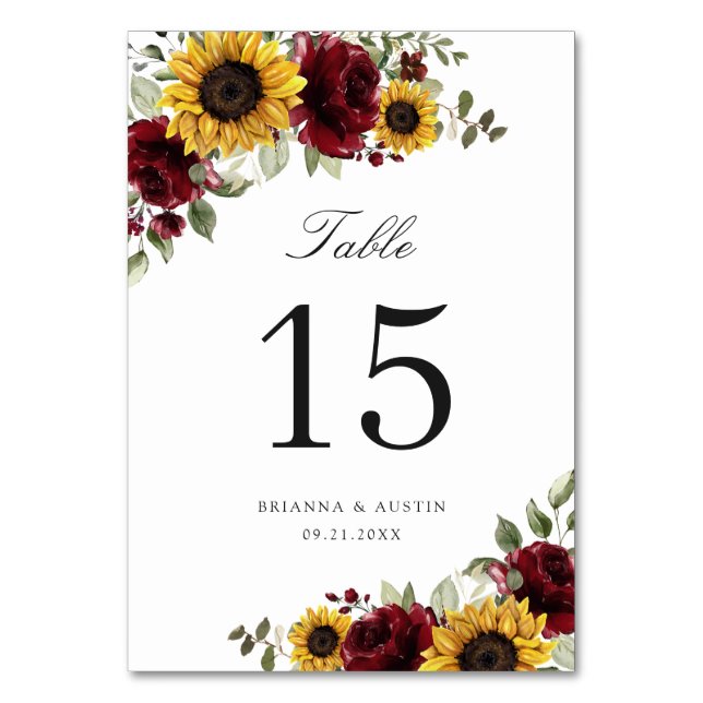 Sunflowers Burgundy Floral Red Rustic Table Number (Back)
