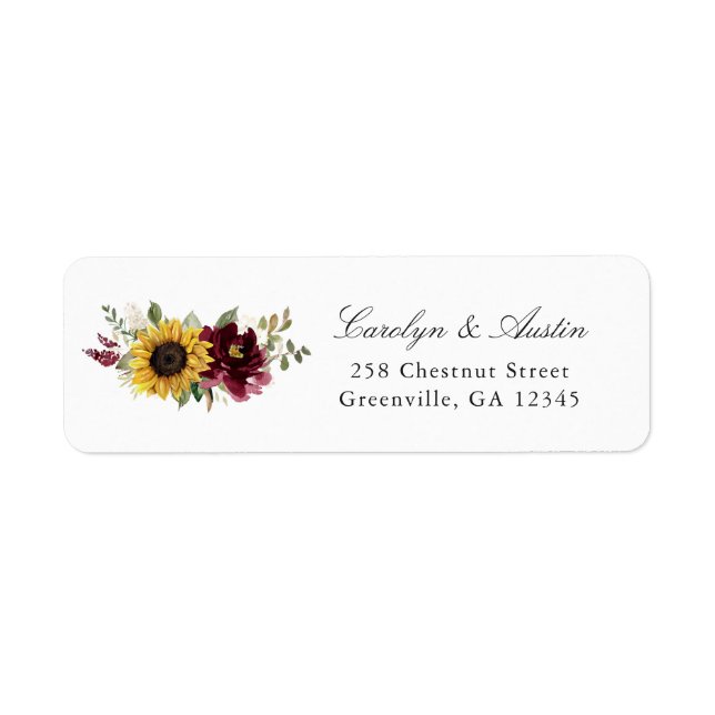 Sunflowers Burgundy Floral Return Address Label (Front)