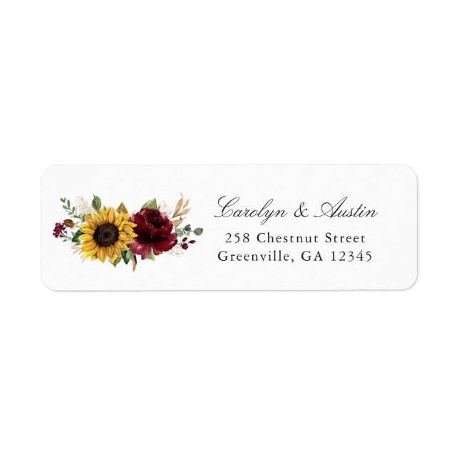Sunflowers Burgundy Floral Return Address Label (Front)