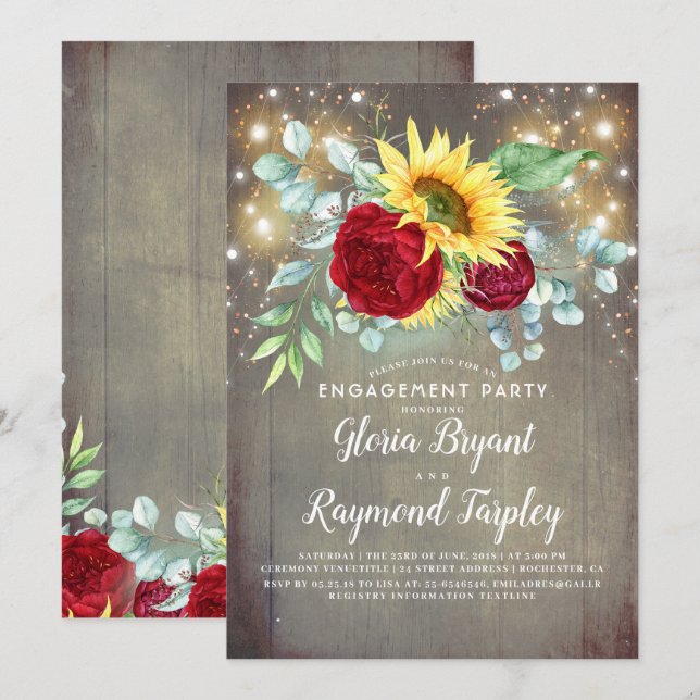 Sunflowers Burgundy Floral Rustic Engagement Party Invitation (Front/Back)