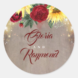 Sunflowers Burgundy Floral Rustic Fall Wedding Classic Round Sticker