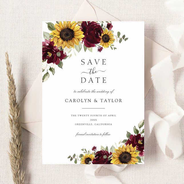 Sunflowers Burgundy Floral Rustic Save The Date In Invitation (Creator Uploaded)