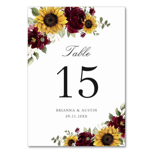 Sunflowers Burgundy Floral Rustic Table Number (Back)