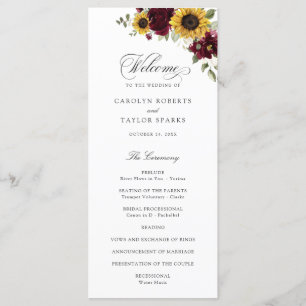 Sunflowers Burgundy Floral Rustic Wedding Program Programme