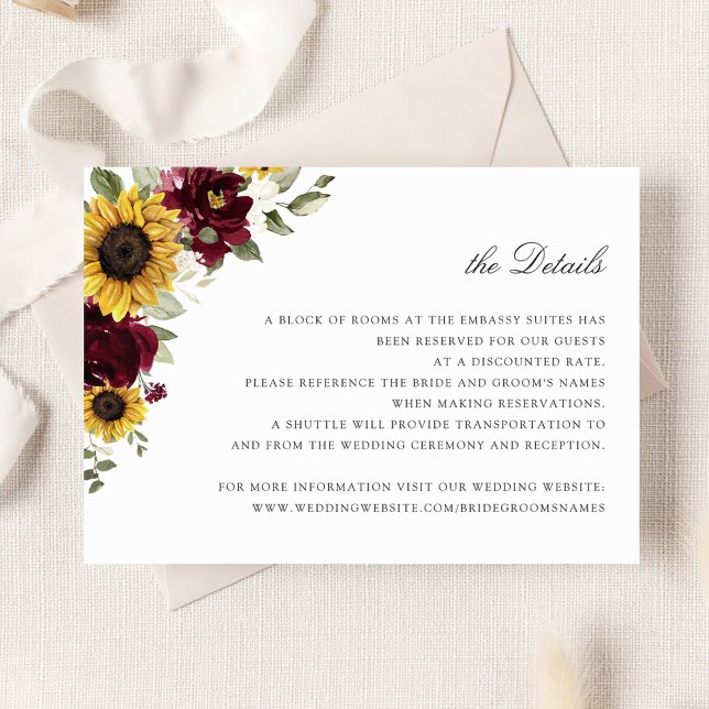 Sunflowers Burgundy Floral Wedding Details Card (Creator Uploaded)