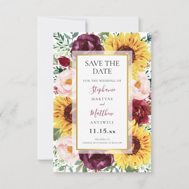 Sunflowers Burgundy Flowers Gold Wedding Save The Date (Front)
