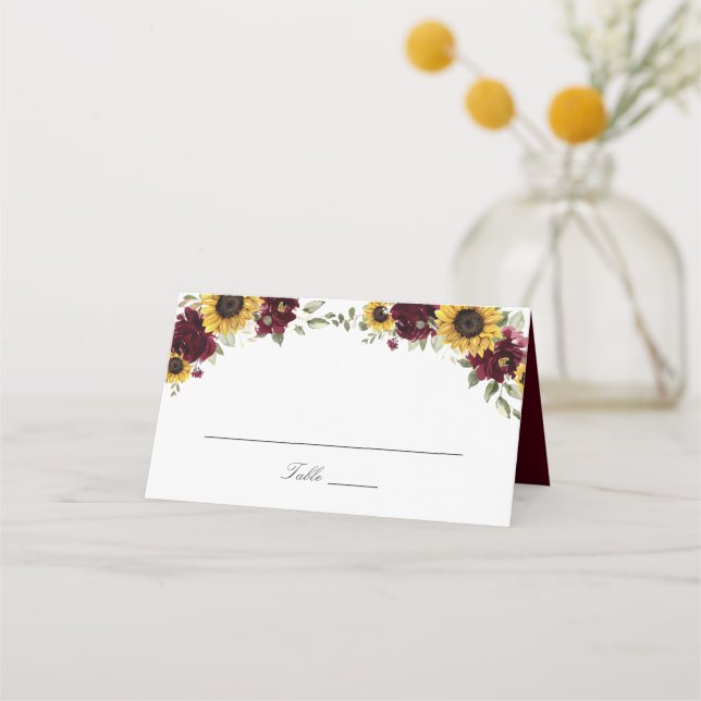 Sunflowers Burgundy Flowers Wedding Place Card (Front)