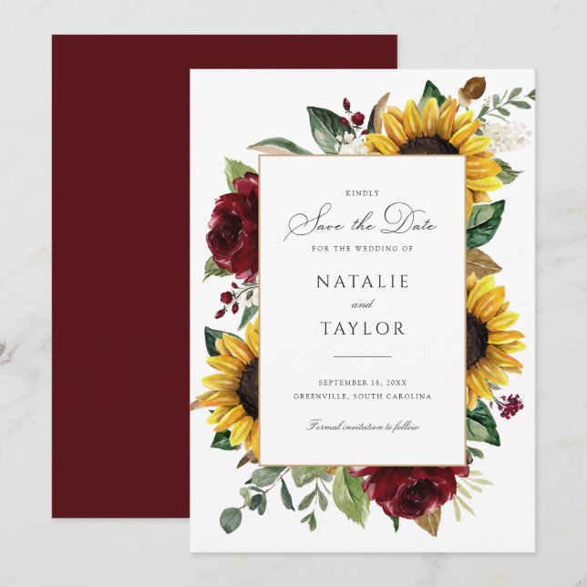 Sunflowers Burgundy Greenery Rustic Save the Date Invitation (Front/Back)
