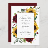 Sunflowers Burgundy Greenery Rustic Save the Date