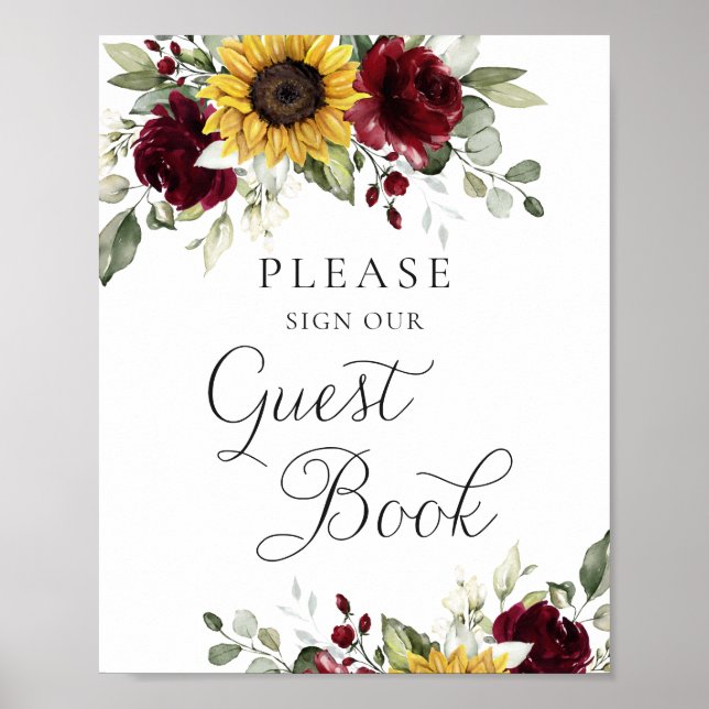 Sunflowers Burgundy Greenery Wedding Guest Book (Front)