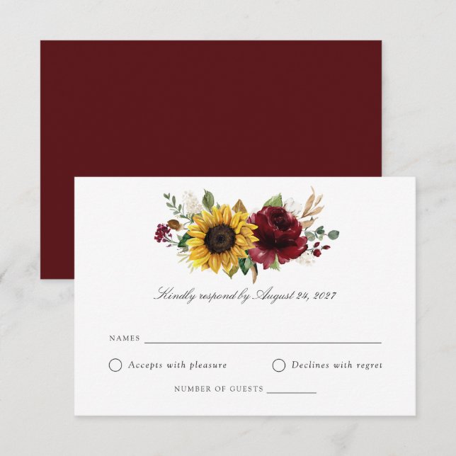 Sunflowers Burgundy Greenery Wedding RSVP Card (Front/Back)