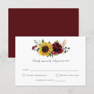 Sunflowers Burgundy Greenery Wedding RSVP Card