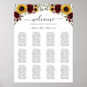 Sunflowers Burgundy Greenery Wedding Seating Chart