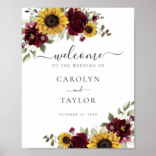 Sunflowers Burgundy Greenery Wedding Welcome Sign (Front)