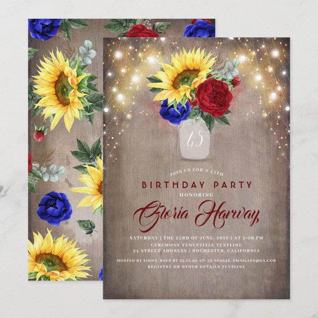 Sunflowers Burgundy Navy Blue Rustic Birthday Invitation (Front/Back)