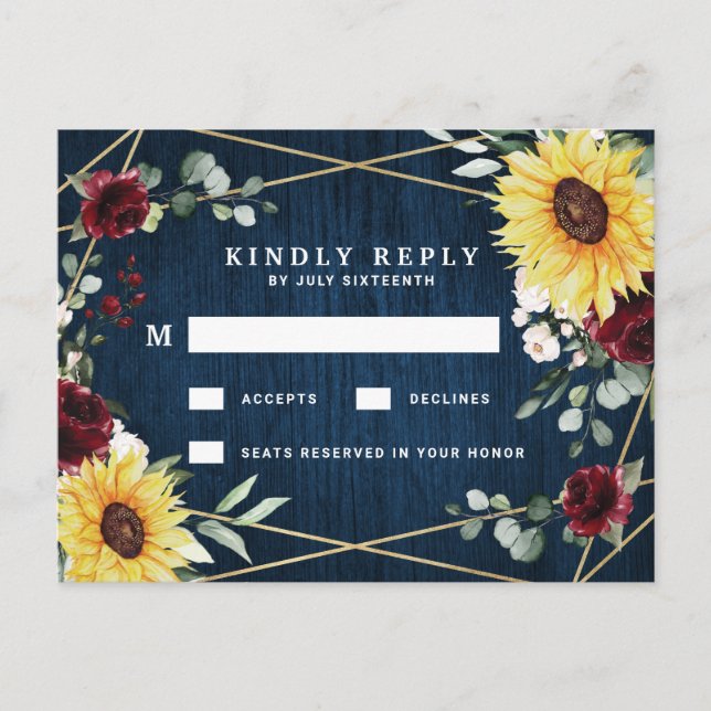 Sunflowers Burgundy Navy Geometric Wedding RSVP Postcard (Front)