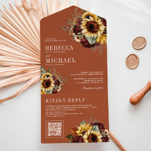  Sunflowers Burgundy QR Code Terracotta Wedding All In One Invitation