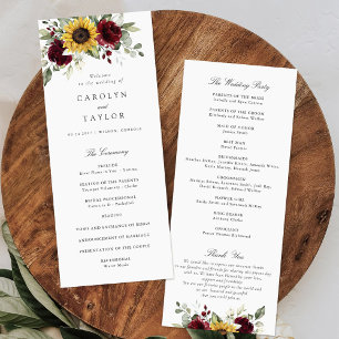 Sunflowers Burgundy Red Floral Rustic Wedding Programme