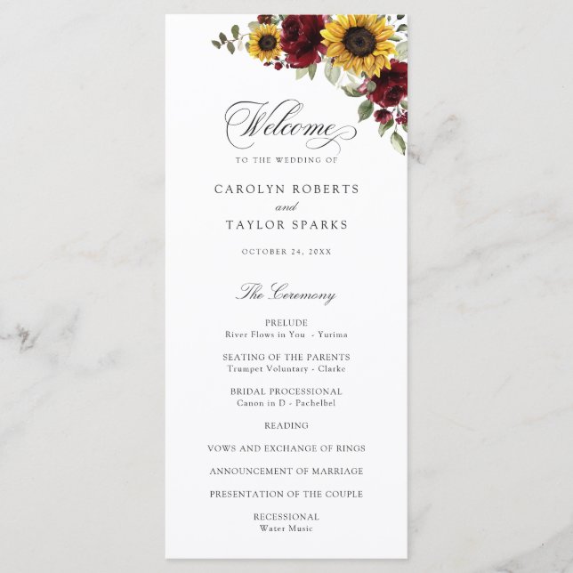 Sunflowers Burgundy Red Floral Rustic Wedding Programme (Front)