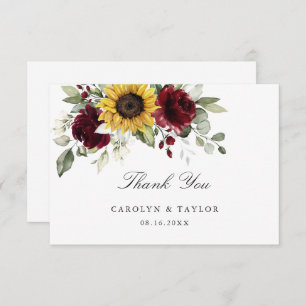 Sunflowers Burgundy Red Floral Rustic Wedding Thank You Card