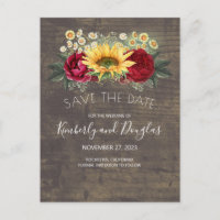 Sunflowers & Burgundy Red Rose Fall Save the Date
