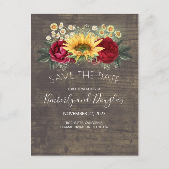 Sunflowers & Burgundy Red Rose Fall Save the Date Announcement Postcard (Front)