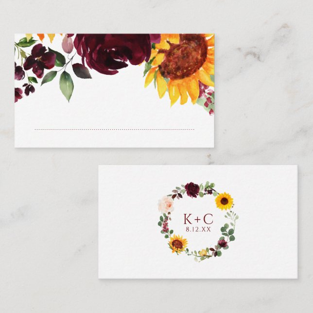 Sunflowers Burgundy Red Roses Fall Autumn Wedding Place Card (Front/Back)